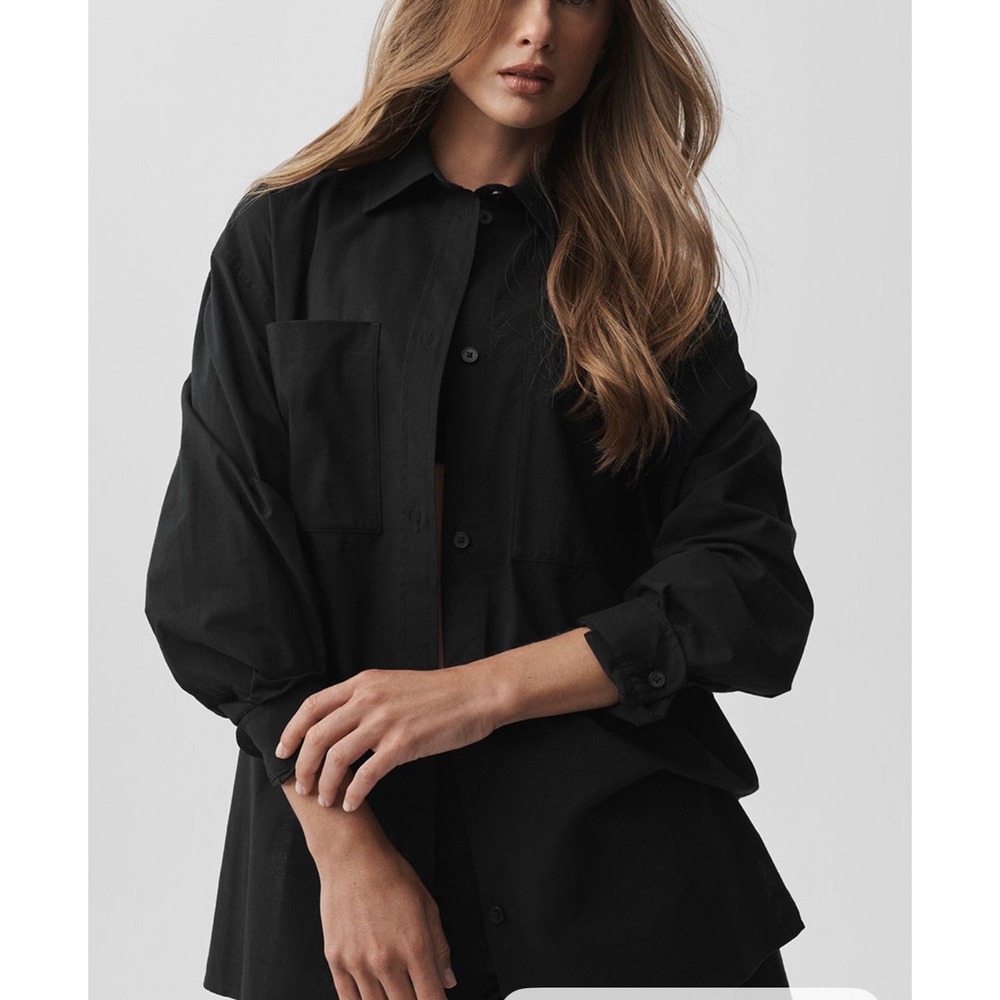 Alo Yoga Cotton Real Deal Button Up Long Sleeve Shirt Black Size M NWT
